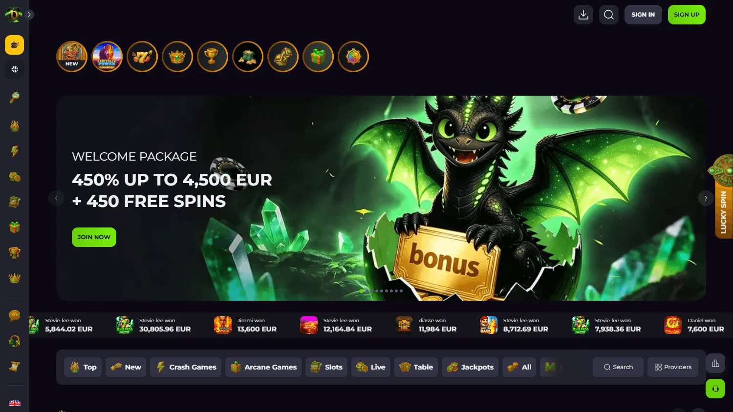 Drakaris Casino desktop home interface