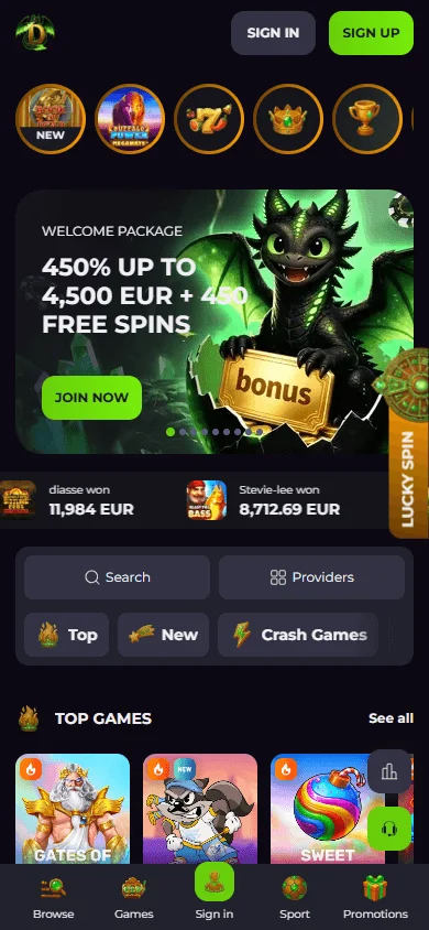 Drakaris Casino mobile website home interface