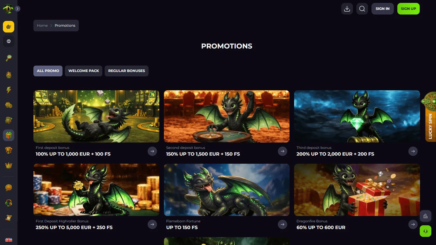Drakaris Casino desktop promotions interface